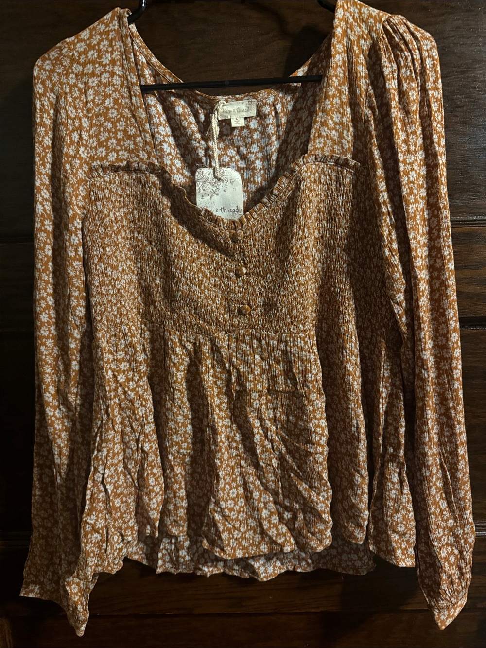 Hem & Thread Rust Floral Smocked Peasant Top, NWT
